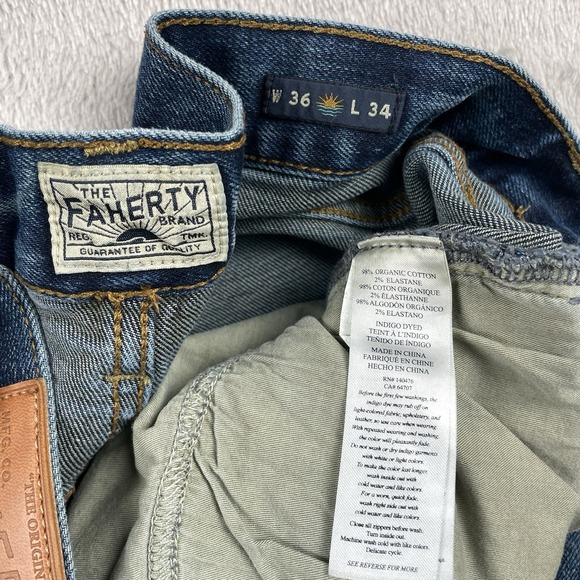 Faherty Jeans Mens 36x34 Blue Straight Leg Organic Cotton Stretch Indigo Dyed - Picture 8 of 9